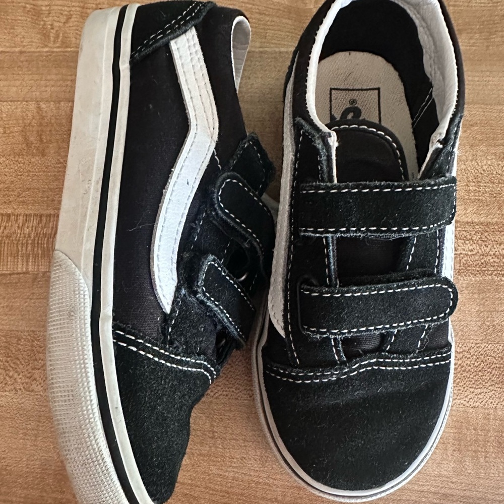 Used Toddler Vans Black and White Sneakers with Velcro Straps